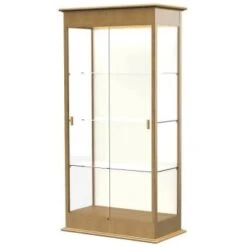 Ghent Waddell Varsity Lighted Carmel Oak Case W/sliding Door/plaque Fabric Back
